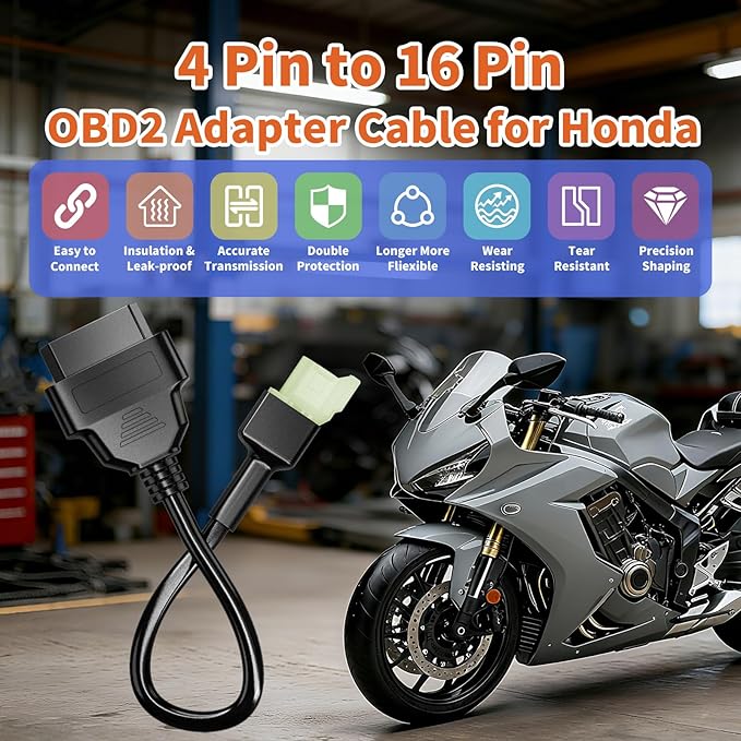 OBD2 Adapter Cable Fits for Honda Motorcycles, 4Pin to 16Pin OBD2 Diagnostic Adapter Cable Works with All OBDII Scanner