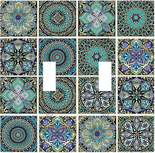 Decorative Switch Plates Mandala Decorative Rustic Vintage Turquoise Pattern 2 Gang Double Toggle Outlet Light Switch Cover Wall Plate Electrical Faceplate for Bedroom Bathroom Decor