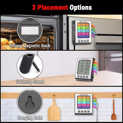 ThermoPro TP17H Digital Meat Thermometer with 4 Temperature Probes, HI/LOW Alarm Smoker Food Thermometer with Colored Backlit LCD, BBQ Thermometer for Cooking Grilling Kitchen Oven Barbecue Turkey
