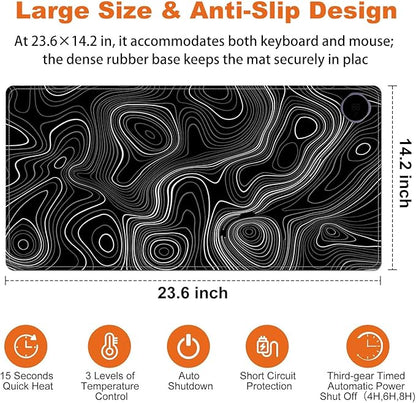 Small Heated Desk Pad 23.6" x 14.2" – Compact Electric Mouse Pad with 3 Heating Levels, Auto Shut-Off, Waterproof PU Surface, Plug-in Warmer for Office or Home Use, Topographic Lines
