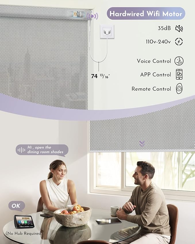 Graywind Motorized Roller Shades Compatible with Alexa Google Hardwired WiFi Smart Light Filtering Blind Remote Automated Blinds Electric Window Shade, Custom Size (3% Openness Solar Silver)