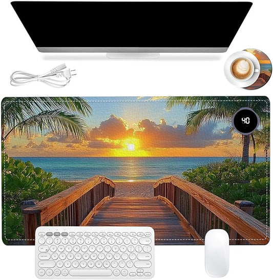 Heated Mouse Pad 23.6 x 14 in 3-Temp Fast Heating Desk Mat with Auto Timer Warmer for Hands Wrist Pain Relief Waterproof Keyboard Mat for Office, Gaming, Home, Sunset Beach Pathway