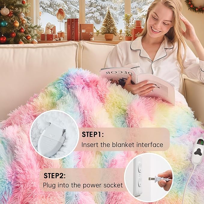 Heated Electric Blanket Twin,Warm Winter Birthday Gifts for Women Her Grandma–Faux Fur with Soft Sherpa,10 Heat Settings,5 Time Settings with Fast Heating, 62x84, Rainbow