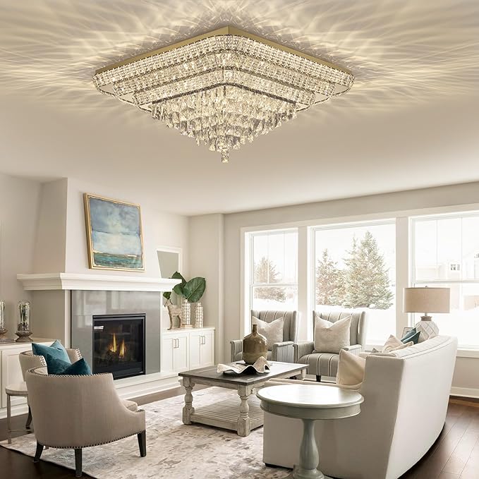 Elegant LED Gold Crystal Raindrop Ceiling Light,30 Inch Square Flush Mount Chandelier with Remote for Living Room Kitchen Island Bedroom Hallway Entryway Foyer (Dimmable)