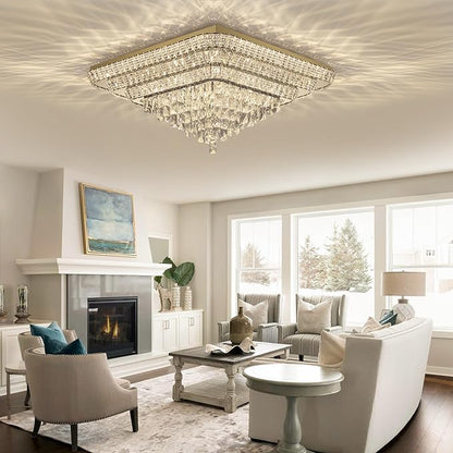Elegant LED Gold Crystal Raindrop Ceiling Light,30 Inch Square Flush Mount Chandelier with Remote for Living Room Kitchen Island Bedroom Hallway Entryway Foyer (Dimmable)