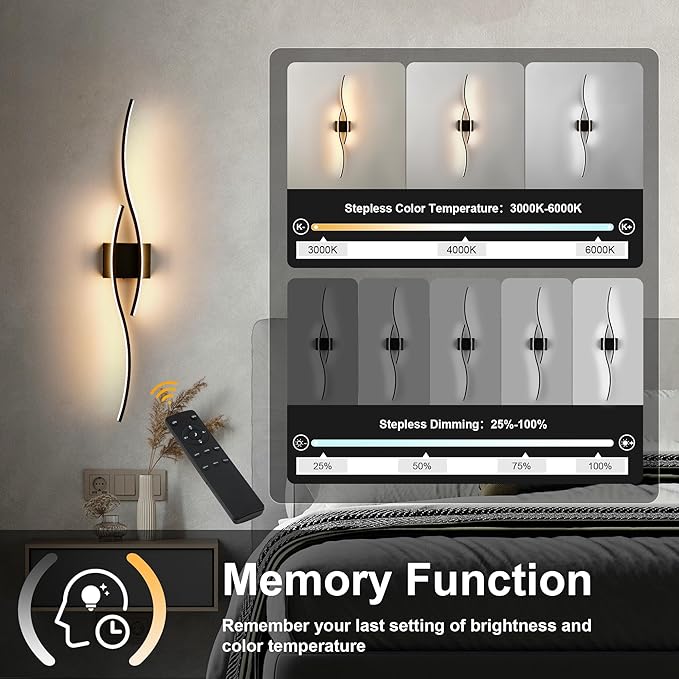 Battery Operated Wall Sconces Set of Two with Remote Control, Dimmable/3 Color/Night-Light/Timer/Memory, Black Modern Wireless LED Sconce for Living Room, Hallway, Bedroom, 39.3 Inch (2 Pack)