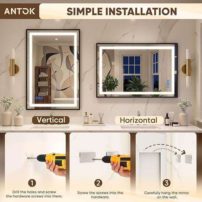 Antok 55X40 LED Bathroom Mirror with Lights, Vanity Mirror for Wall with Black Frame, Touch Control, Anti-Fog, Dimmable Lights, Shatter-Proof, Memory Function, Wall-Mounted Vanity Mirrors