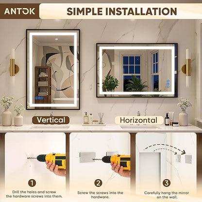 Antok 48X36 LED Bathroom Mirror with Lights, Vanity Mirror for Wall with Black Frame, Touch Control, Anti-Fog, Dimmable Lights, Shatter-Proof, Memory Function, Wall-Mounted Vanity Mirrors