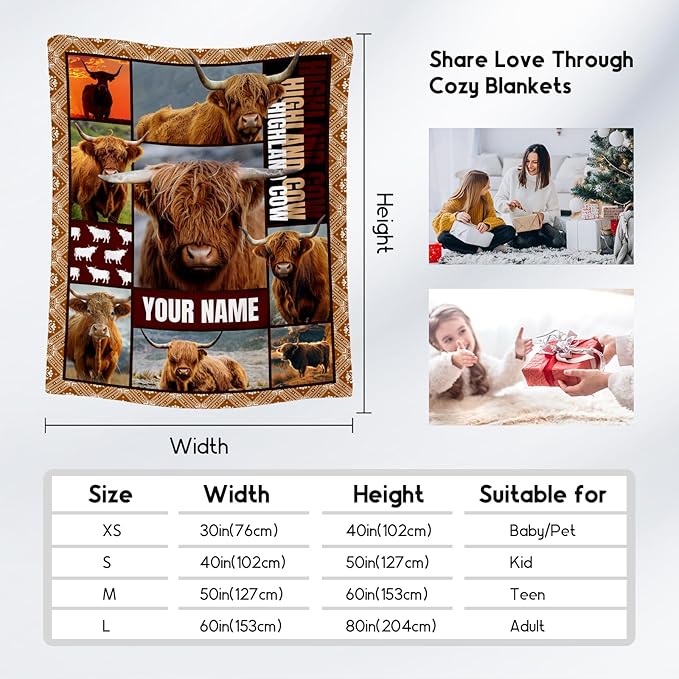 Personalized Blanket for Women Girls, Custom Highland Cow Gifts for Adults - 40"x50" Kids Throw for Couch, Sofa - Soft, Fuzzy & Cozy - Wildlife Home Decor Gift Ideal