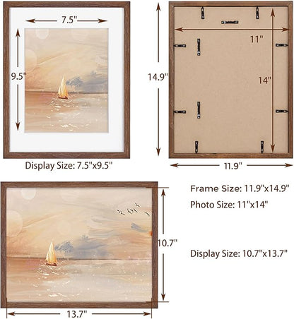 11x14 Picture Frame for Wall, 11 x 14 Photo Frames - Made of Solid Oak Wood & Tempered Real Glass, Rustic Wood 11 by 14 Frames for Home Decor, 11x14 Frame Matted to 8x10, Walnut Color, 1 Pack