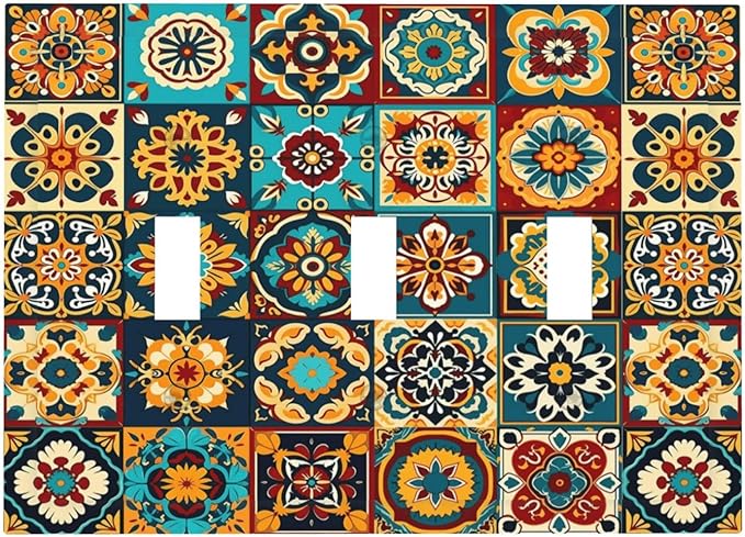 Mexican Talavera Ceramic Tile Moroccan Boho Decorative Switch Plates 3 Gang Wall Plate Triple Toggle Light Switch Cover Faceplate Electrical Wall Panels for Bathroom Kitchen Decor