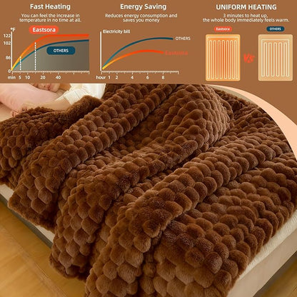 Electric Blanket 50" x 60" Soft Ribbed Faux Fur Flannel Quick Heat 12 Heat Levels 1-12 Hour Timer & Overheat Protection & Auto Shut Off & ETL FCC (Brown, Throw 50" x 60")