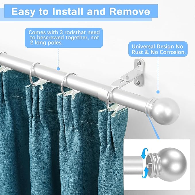 Curtain Rods for Windows 16 to 48 Inches, Curtain Rod Max Adjustable Length of 60 IN, 1" Diameter Drapery Rods Round Finials, Satin Silver, Pack of 2