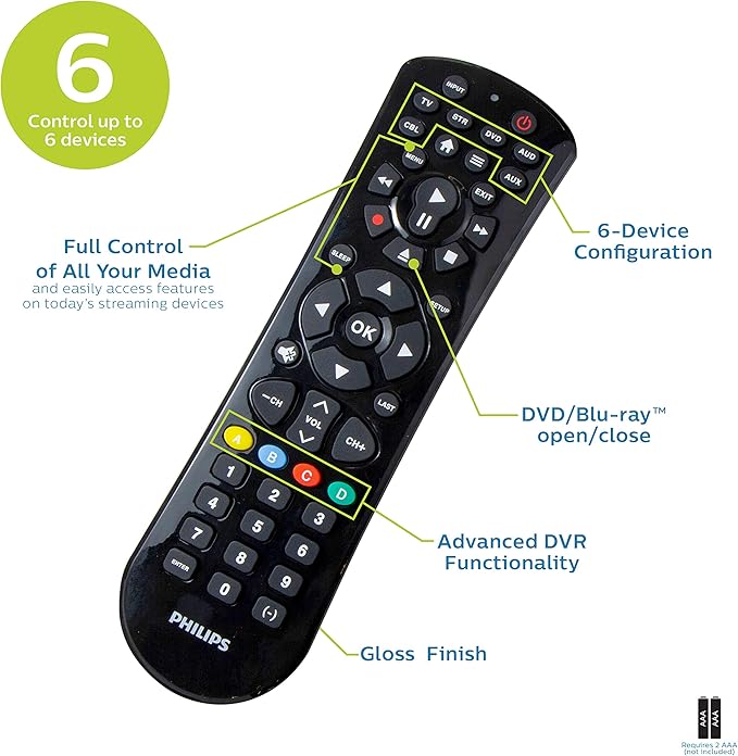 Philips Universal Remote Control for Samsung, Vizio, LG, Sony, Sharp, Roku, Apple TV, RCA, Panasonic, Smart TVs, Streaming Players, Blu-ray, DVD, Simple Setup, 6-Device, Black, SRP9263C/27