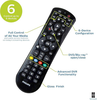 Philips Universal Remote Control for Samsung, Vizio, LG, Sony, Sharp, Roku, Apple TV, RCA, Panasonic, Smart TVs, Streaming Players, Blu-ray, DVD, Simple Setup, 6-Device, Black, SRP9263C/27