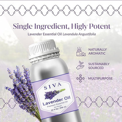Siva Lavender Essential Oil – 32 Fl Oz – 100% Natural Lavender Oil - for Diffuser, Hair Care, Face, Skin Care, Aromatherapy, Scalp and Body Massage, Soap and Candle Making