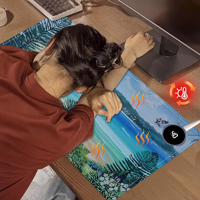 Heated Mouse Pad, Warm Desk Pad, Keyboard Mat 23.6 x 14 Inch Large Size Intelligent Fast Heating, 3 Speed Adjustable, Timed Auto Power Off for Game Office Home, Blue Sea Level Beach Woods