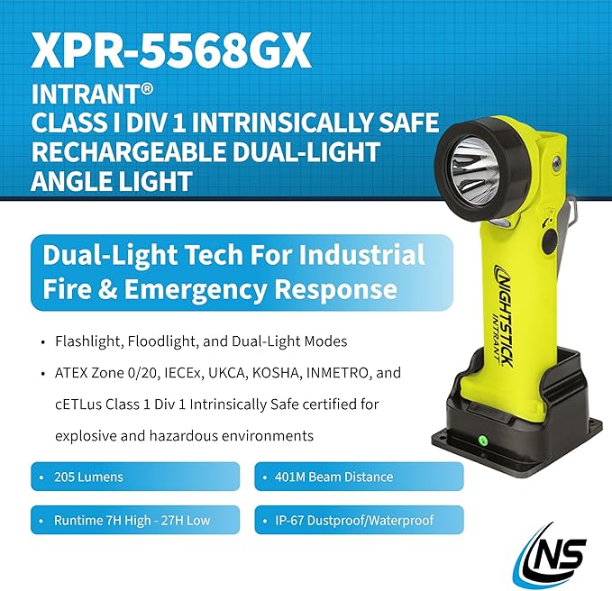 Nightstick XPR-5568GX Intrant Rechargeable Intrinsically Safe Permissible Dual-Light Angle Light (Green)
