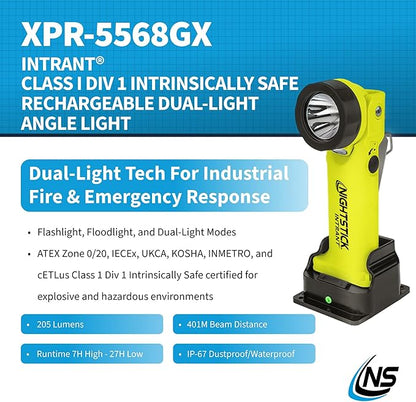 Nightstick XPR-5568GX Intrant Rechargeable Intrinsically Safe Permissible Dual-Light Angle Light (Green)