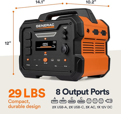 Generac 1086Wh Portable Power Station with Lithium-Ion Battery - Clean, Emission-Free Power - Wirless Charging Pad and Compact Design - Camping, RV, Indoor/Outdoor Use - Orange/Black