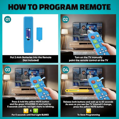Plus Big Button Universal TV Remote (Blue) Simple Easy to Use, Works with Major TV Brands (2xAAA Batteries Not Included)