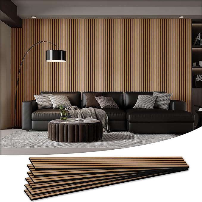 Wood Salt Acoustic Wall Panels, 6 Piece 94" x 7.9" x 0.8" Soundproof Wooden Wall Panels, 3D Fluted Sound Absorbing Panel, Teak