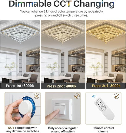 Elegant LED Gold Crystal Raindrop Ceiling Light,30 Inch Square Flush Mount Chandelier with Remote for Living Room Kitchen Island Bedroom Hallway Entryway Foyer (Dimmable)