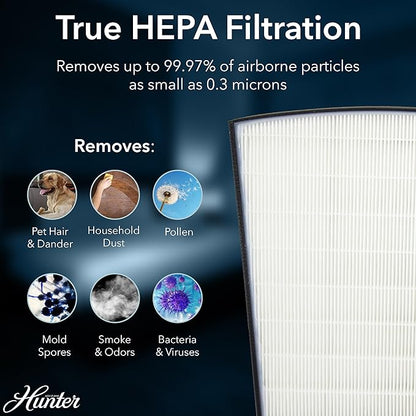 Hunter HP800 Air Purifiers for Home Large Room and Bedroom. True HEPA Air Purifier for Pets, Odors, Allergens, Smoke, Dust, VOC's. 4 Fan Speeds, Quiet Sleep Mode. Cleans 2585 Ft² per Hour. Black