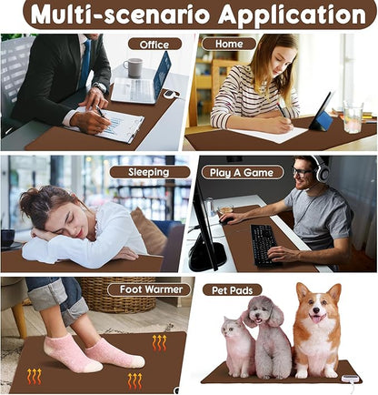 Konohan Heated Large Desk Mat PU Leather Warm Mouse Pad with 5 Heating Level & 4 Hour Auto Shut-Off Heating Keyboard Pad Warmer Gaming Mice Mat Only Supports 110v(Brown Color,31.5" X 13")