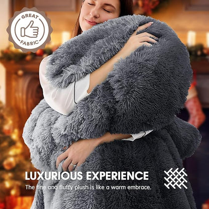 Heated Electric Blanket Throw–Faux Fur with Soft Thick Sherpa,Warm Winter Birthday Gifts for Women Grandma，10 Heat Settings,5 Time Settings with Fast Heating, 50x60, Midnight Black