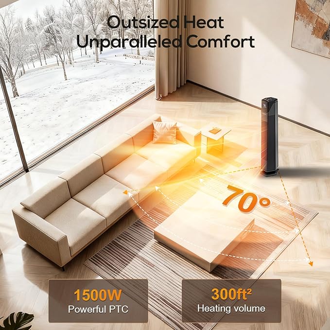 Hykolity Space Heater Large Room, 30" Electric Heaters for Indoor Use with Thermostat and Remote,70° Oscillation, 24H Timer, 1500W Fast Heating Portable Heaters for Office, Bedroom, Home - Black