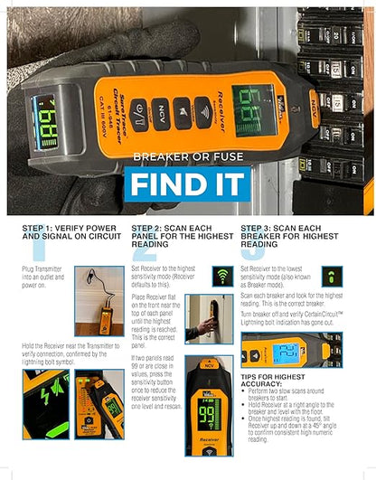 Ideal Electrical SureTrace Digital Circuit Tracer (61-946) 0-480 Volts AC/DC with Backlit Display — Find Breakers, Fuses, Wires, Dead Shorts, and Splice Errors