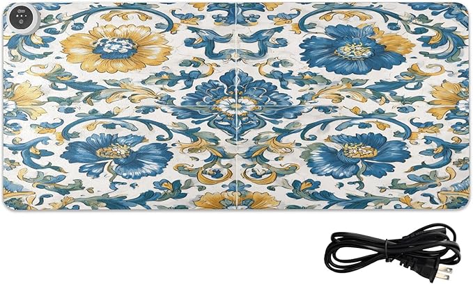 Heated Desk Pad Mouse Pad 31.5x13 Inch PU Leather Desk Mat with 3 Heat Levels Large Mouse Gaming Computer Laptop Mat Floral Blue and Yellow Tile