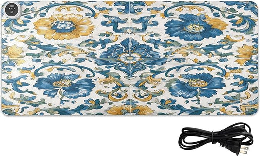 Heated Desk Pad Mouse Pad 31.5x13 Inch PU Leather Desk Mat with 3 Heat Levels Large Mouse Gaming Computer Laptop Mat Floral Blue and Yellow Tile