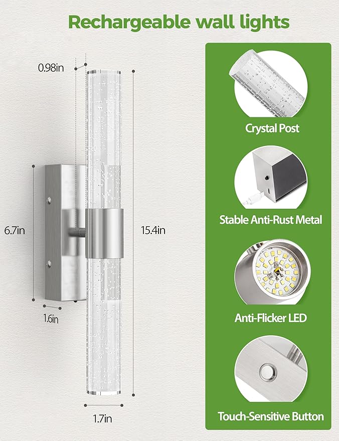 Battery Operated Wall Sconce Set of 2,3CCT Dimmable,10400mAh,Silver Modern Rechargeable Wall Sconce with Remote,Wireless Wall Lights for Bedroom,Living room,Hallway(15.3 inch)