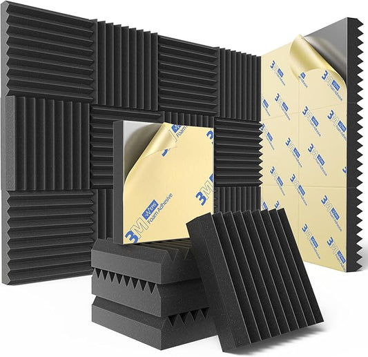 24 Pack Sound Proof Foam Panels for Wall with Self Adhesive, 3" X 12" X 12" High Density Acoustic Panels Sound Absorbing Quick-Recovery, Wedges Soundproof Wall Panels for Gaming & Studio Decor - Black