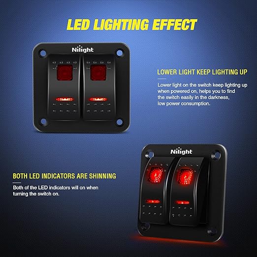 Nilight 2 Gang Rocker Switch Panel 12V 24V DC Red Switches Aluminum 5Pin ON Off PreWired Toggle Waterproof for Cars Boats ATVs UTVs