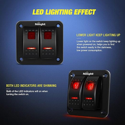 Nilight 2 Gang Rocker Switch Panel 12V 24V DC Red Switches Aluminum 5Pin ON Off PreWired Toggle Waterproof for Cars Boats ATVs UTVs