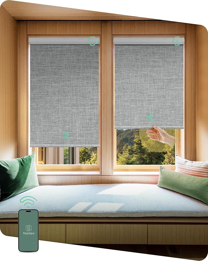 Yoolax Motorized Shades Dual Control, MotionFlex Motorized Roller Shades with App & Manual Control, Pull Down Automatic Shades for Indoor Windows, Custom Size(Blackout Smoky Gray)