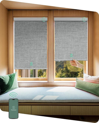 Yoolax Motorized Shades Dual Control, MotionFlex Motorized Roller Shades with App & Manual Control, Pull Down Automatic Shades for Indoor Windows, Custom Size(Blackout Smoky Gray)