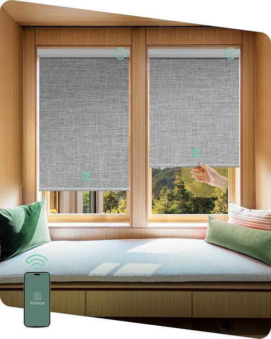 Yoolax Motorized Shades Dual Control, MotionFlex Motorized Roller Shades with App & Manual Control, Pull Down Automatic Shades for Indoor Windows, Custom Size(Blackout Smoky Gray)