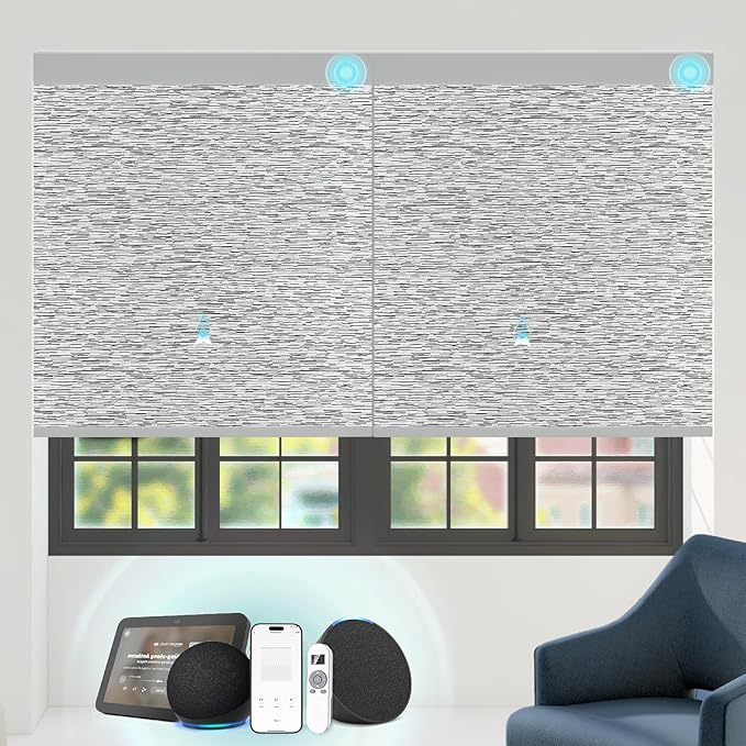Motorized Blinds with Remote Custom Size Blackout Smart Roller Shades Compatible with Alexa Google, Electric Blinds for Windows
