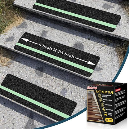 10 Pack 4” x 24” Anti Slip Traction Treads with Glow in The Dark Stripe, Outdoor Waterproof Non Skid Pre-Cut Tape with Roller, High Traction Friction Abrasive Adhesive for Stairs Step