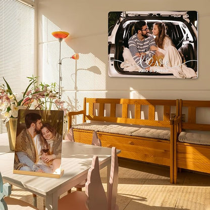 Custom Photo Prints - Metal Desktop Picture Frame with Photos & Name & Wooden Base Personalized Gifts for Family Friends and Lovers, Optional Multiple Sizes