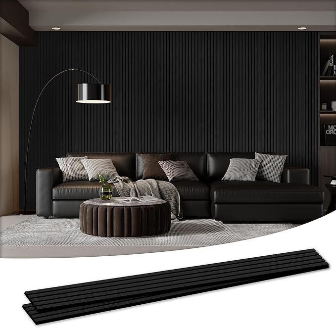 Wood Salt Acoustic Wall Panels, 2 Piece 94" x 23.6" x 0.8" Soundproof Wooden Wall Panels, 3D Fluted Sound Absorbing Panel, Matte Black