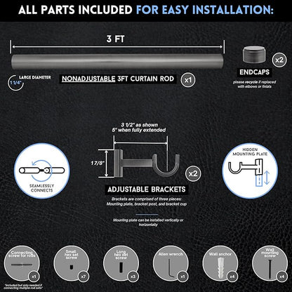 BlastHome® Non-Adjustable Luxury Curtain Rods for Windows, 1 ¼” Rod Set, 3 foot Fixed Length, Gunmetal/Pewter