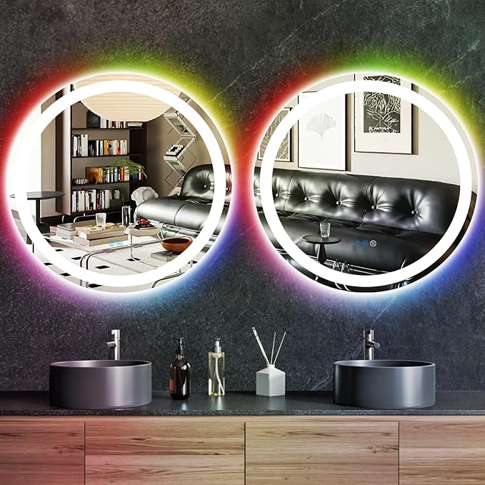 30 Inch LED Bathroom Mirror With Front Light 3 Colors + Rainbow RGB Color Changing Backlit Round Lighted Mirror for Wall Anti Fog 30" Smart Circle Mood Light up Mirror