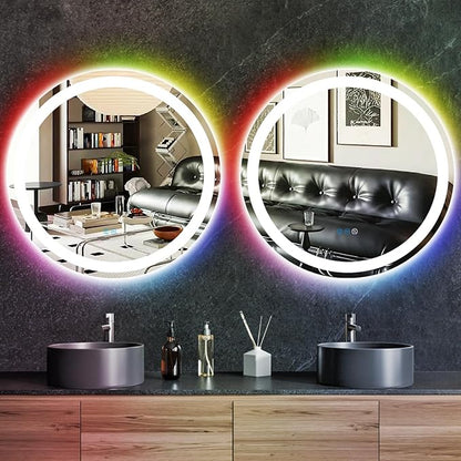 30 Inch LED Bathroom Mirror With Front Light 3 Colors + Rainbow RGB Color Changing Backlit Round Lighted Mirror for Wall Anti Fog 30" Smart Circle Mood Light up Mirror