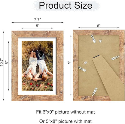 iRahmen 6x9 Picture Frame with HD Tempered Glass, Display Pictures 5x8 with Mat or 6 x 9 Without Mat, Wood Photo Frame for Tabletop and Wall (Rustic Brown, 1 Pack)