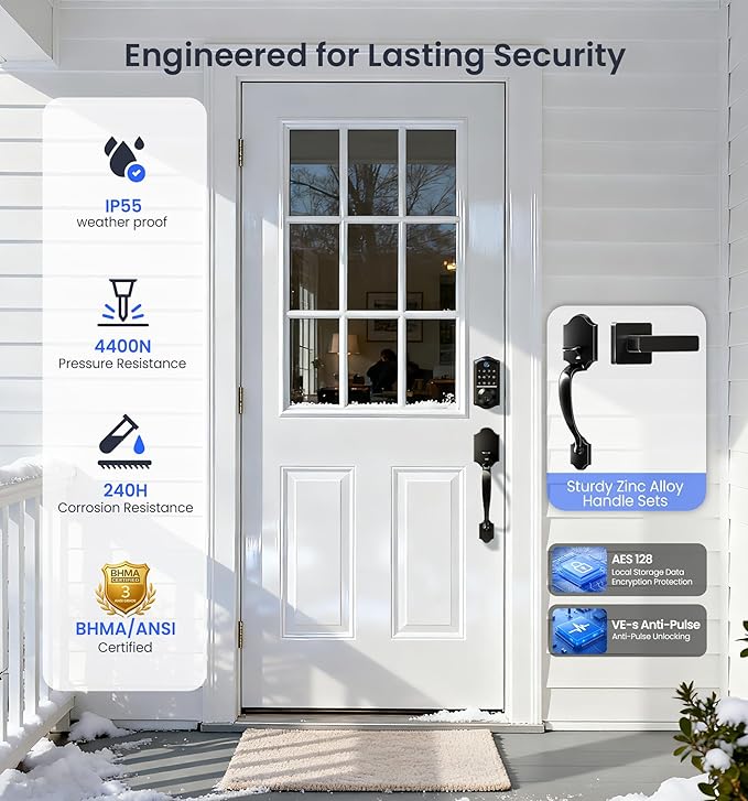 Veise VE017-H Fingerprint Smart Front Door Lock Set, App Control, Keyless Entry Deadbolt with Handle, Smart Deadbolt, Emergency Power Port, Touchscreen Keypad, Auto Lock, Easy Install, Matte Black